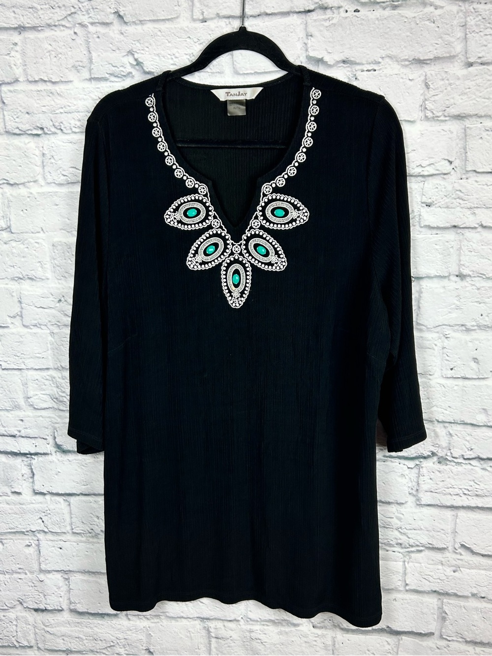 TanJay Black Embellished Tunic Top XL 3/4 Sleeve Stretch Southwestern Accent